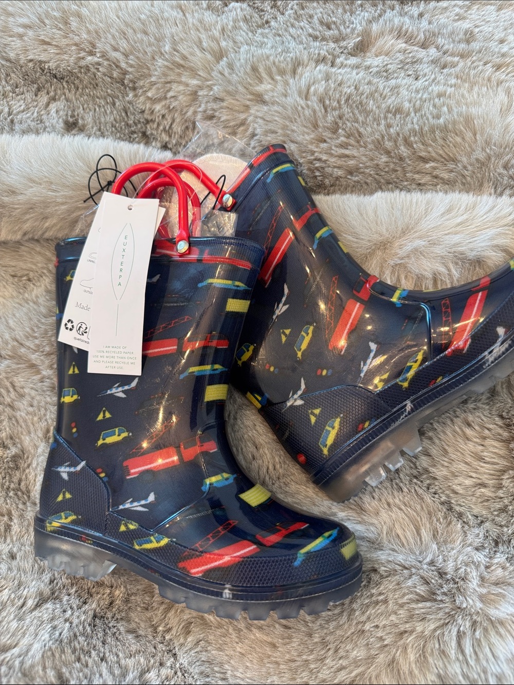 Kids Navy Rain Boots with Red and Yellow Vehicle Print. They light up!!!